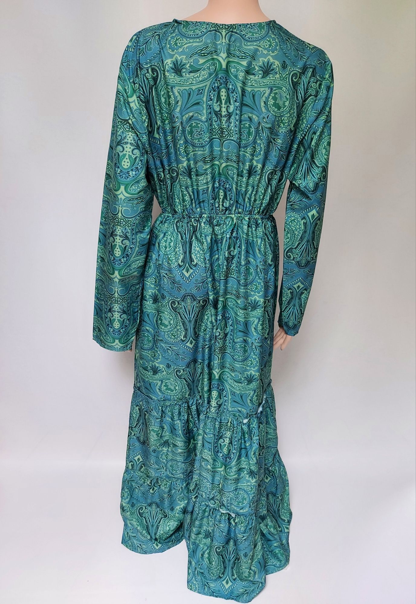 Nowa jedwabna długa sukienka boho odcienie turkusu zieleni Monte Cerwi