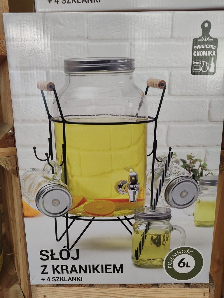 Słój z kranikiem na stojaku 6l + 4 szklanki na wodę lemoniadę soki