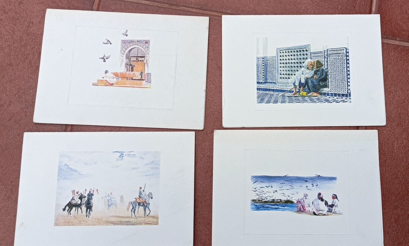 4 postais de aguarelas de Marrocos anos 90 - Miloudi Nouiga