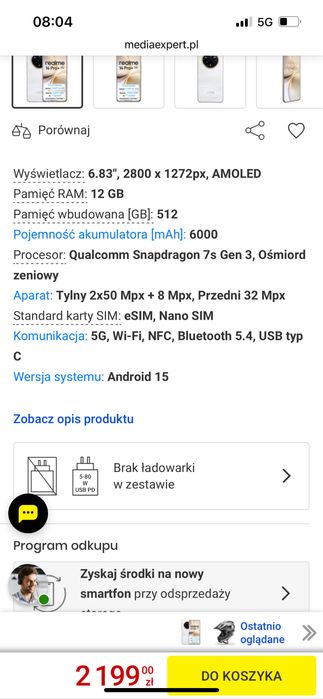 Realme 14 pro+ 5G 12/512 GB perłowy z ładowarką