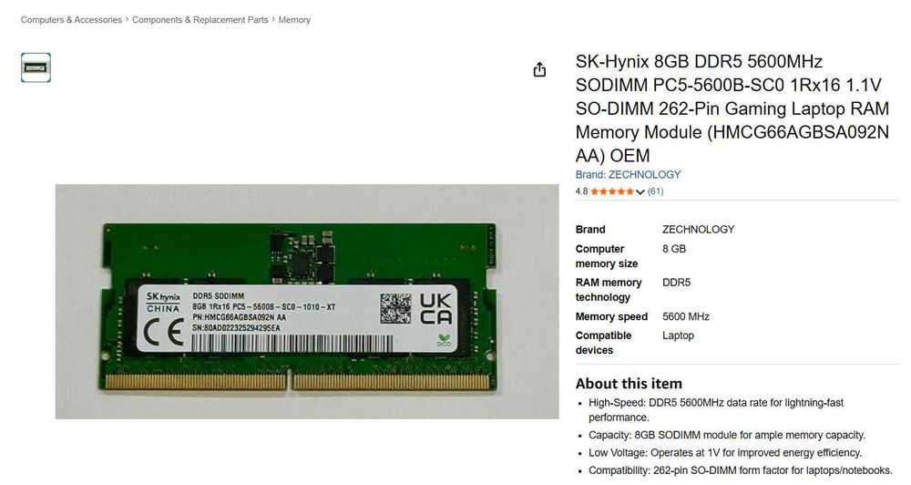 2x8GB RAM DDR5 (SK Hynix DDR5 8GB 1Rx16 5600B PC5 5600MHz SO-DIMM RAM)