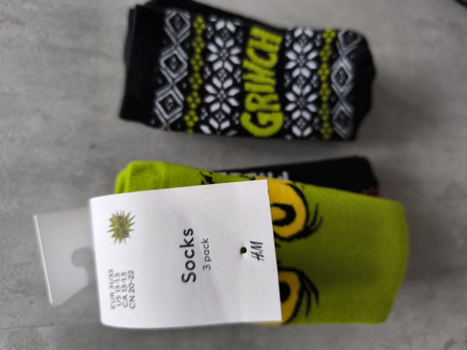 H&M 3-pack grube zimowe skarpetki Grinch r.31-33