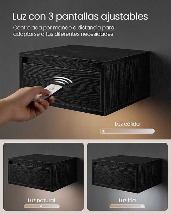 Stolik nocny wiszący zestaw 2 sztuk, lampa w 3 kolorach, wiszący regał