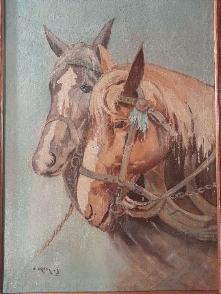 Konie. Obraz olejny koni w zaprzęgu. Malarz Eduard Landa z Żamberku.