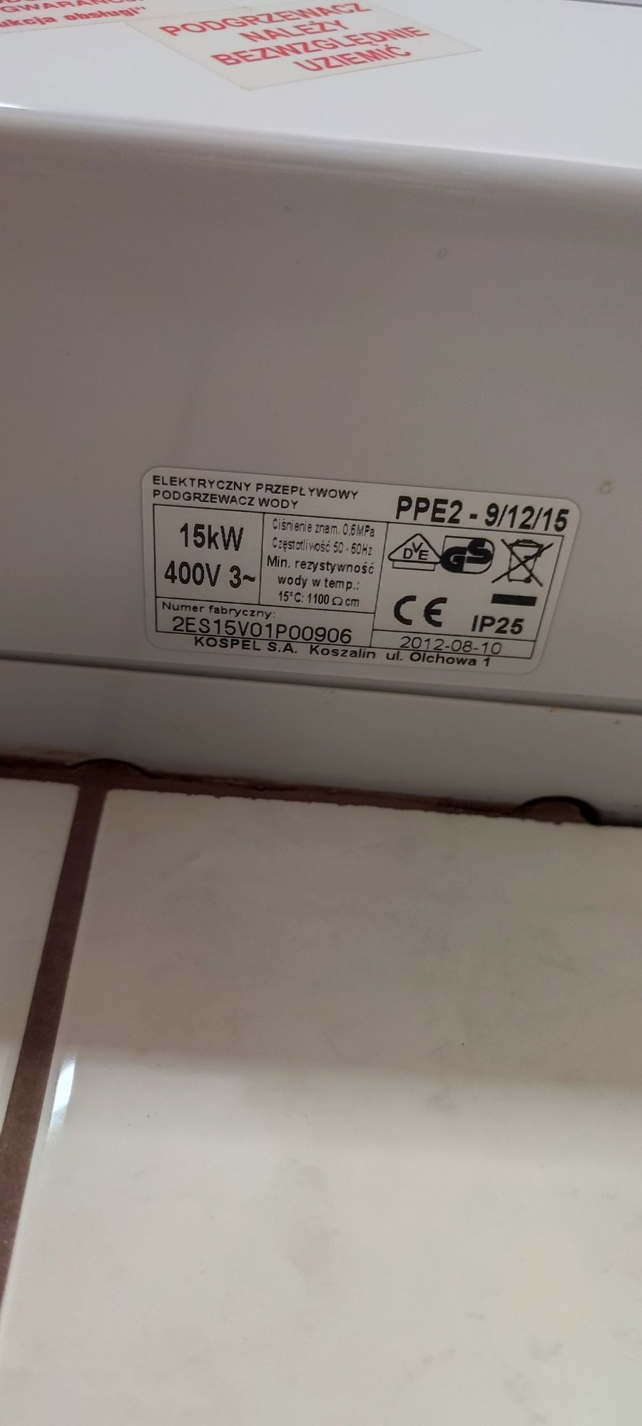 Elektryczny przepływowy podgrzewacz wody Kospel 15kW