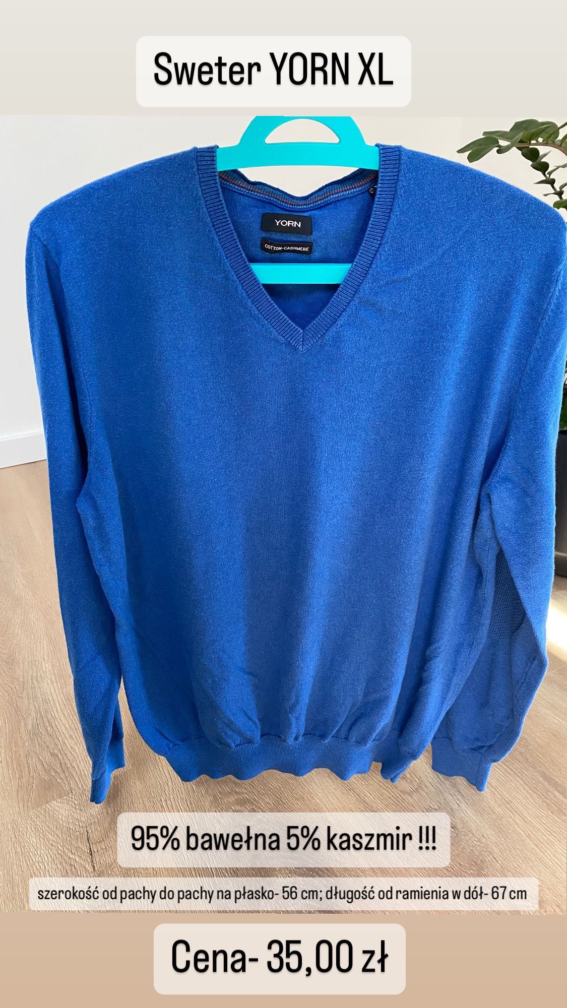 Sweter męski YORN XL 54 chabrowy niebieski bawełna kaszmir w szpic