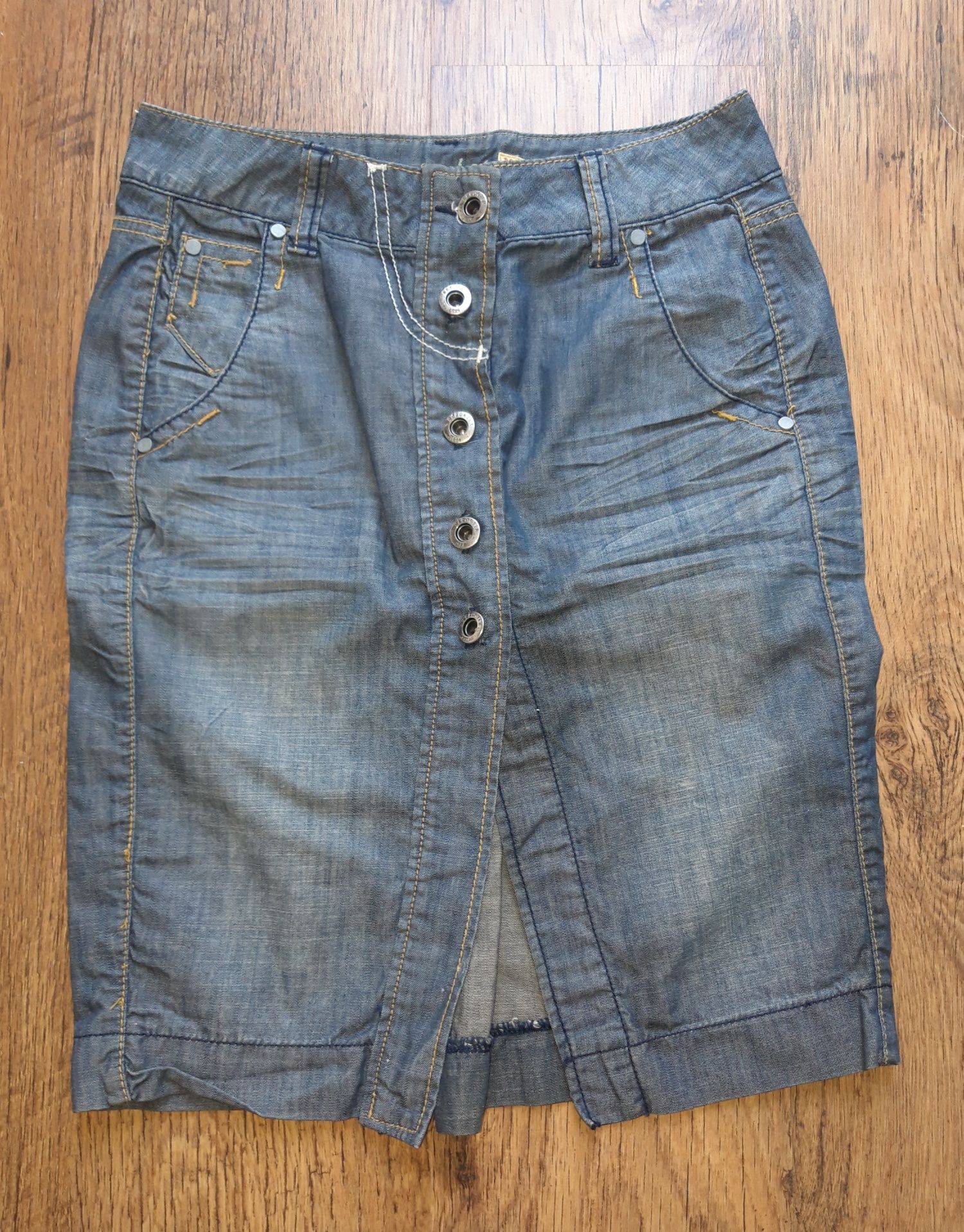 R. 34 XS zestaw Reporter spódnica jeansowa rozpinana mini midi