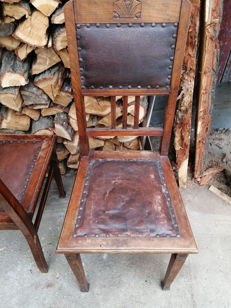Przedwojenne krzesła komplet 4 skóra dąb secesja skórzane dębowe