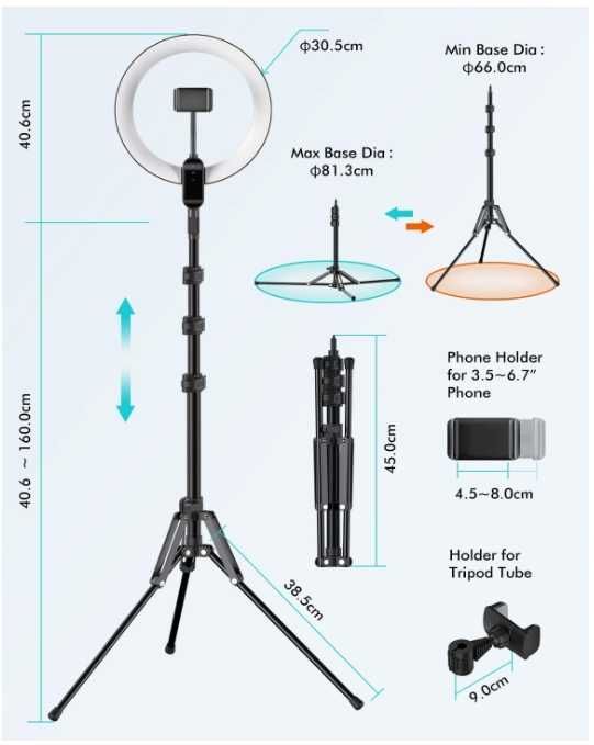 Lampa pierścieniowa LED ze statywem zmienna temperatura pilot