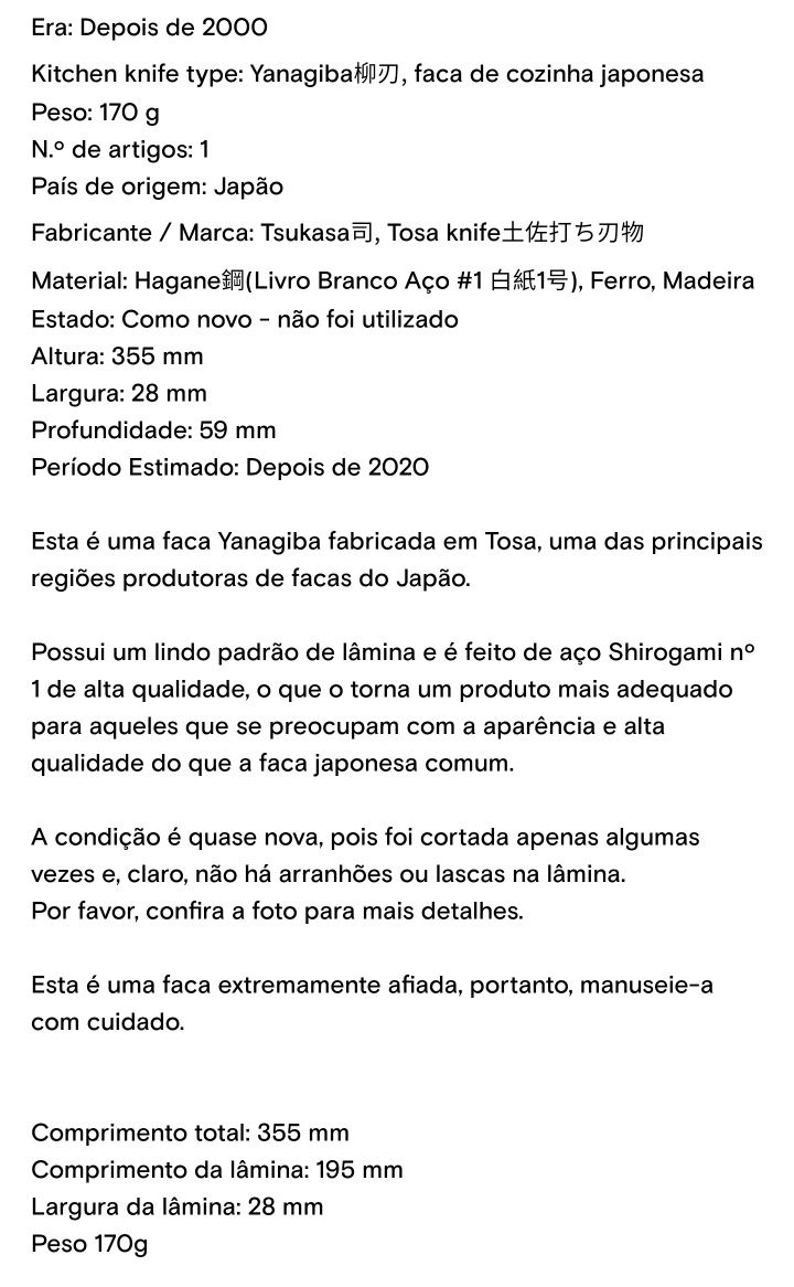 Tsukasa - Yanagiba - faca artesanal de sushi (importada Japão)