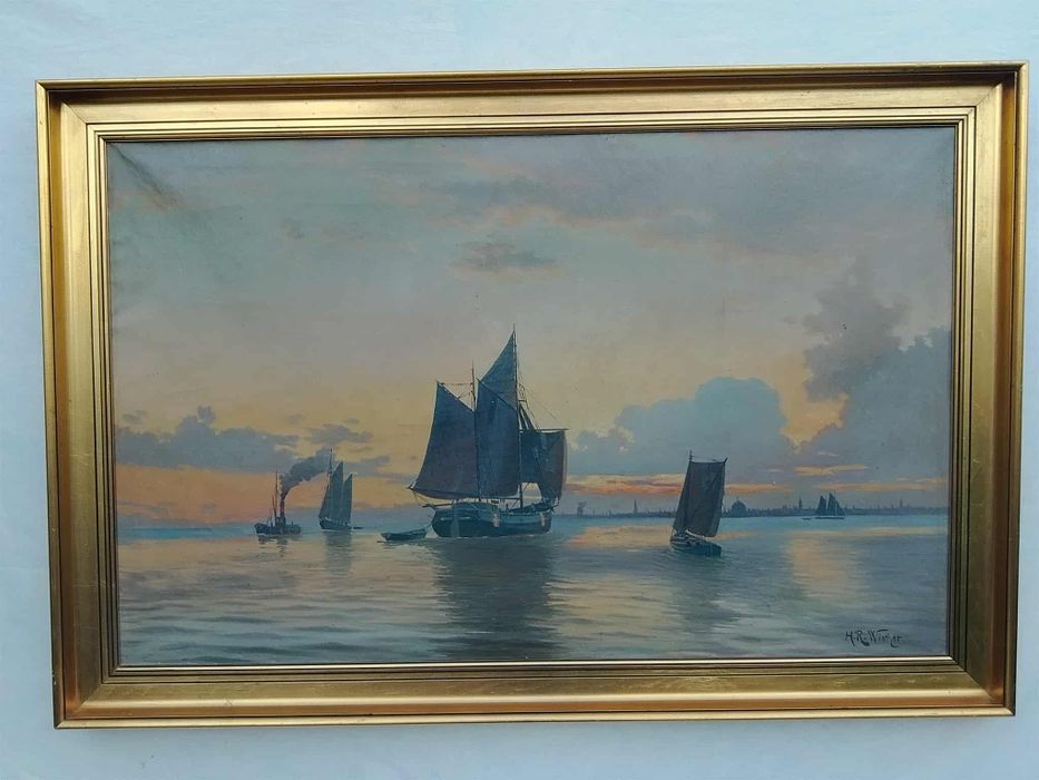 Stary obraz na płótnie sygnowany marynistyka