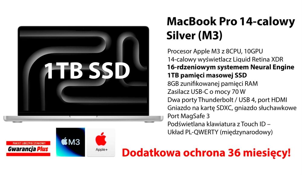 NOWY Apple MacBook Pro 14 M3 16RDZ 1TB +DODATKI GW+UBEZP 3-LATA! FV23%