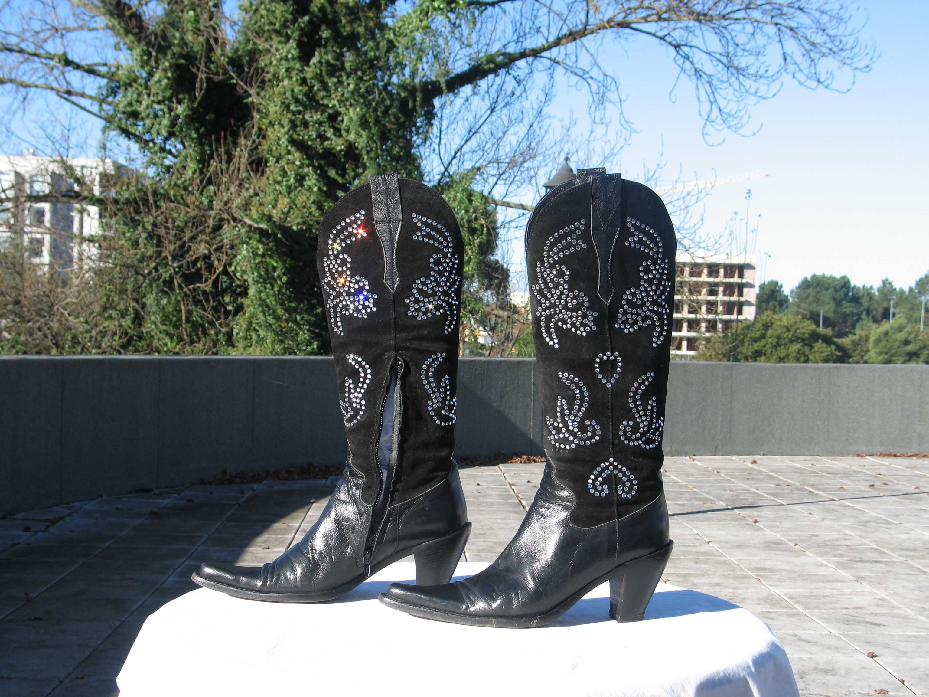 Botas Texanas italianas,  em pele genuína, com Cristais Swarovski