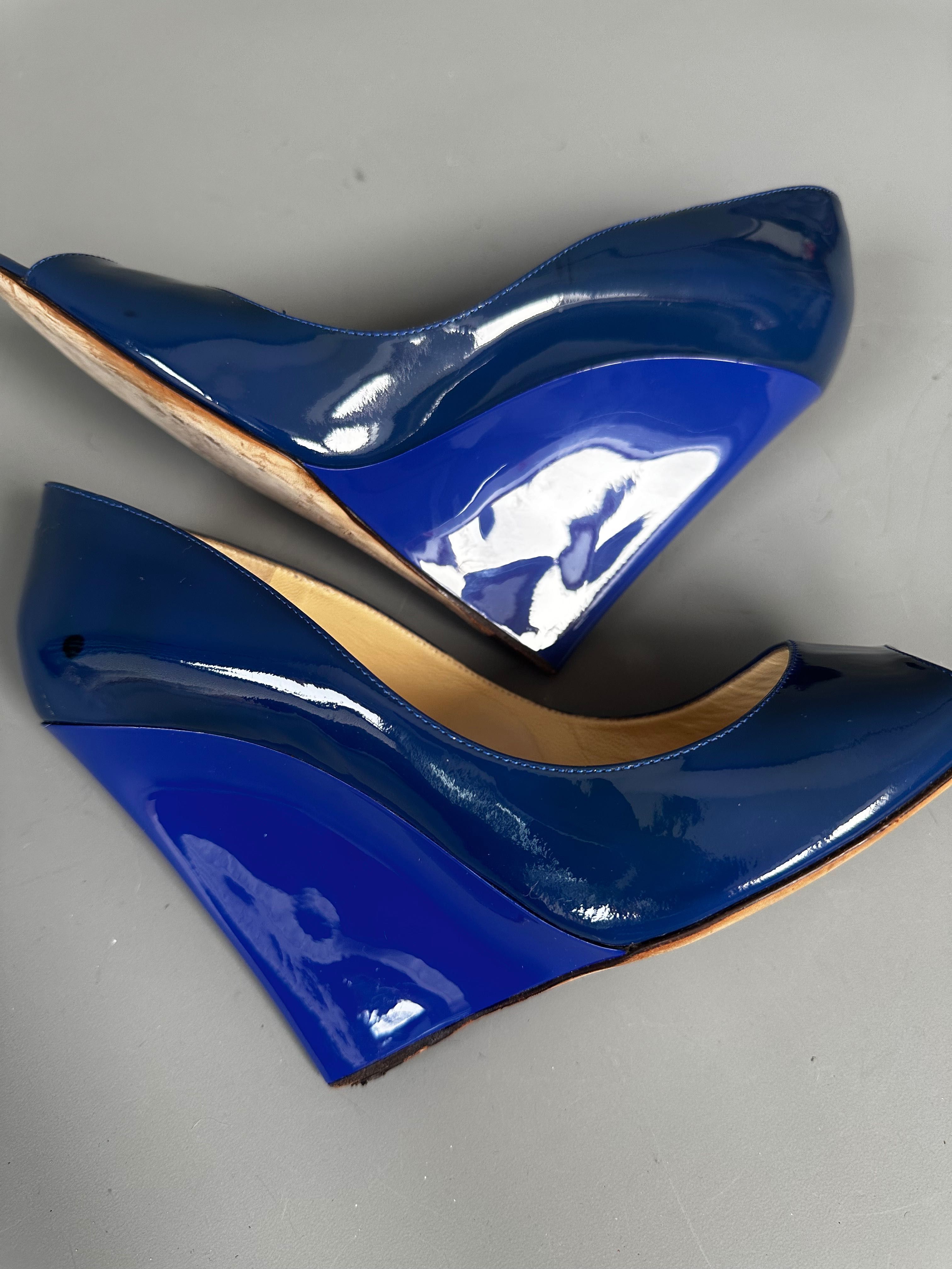 Jimmy Choo koturny buty wysokie niebieskie lakierowane 41