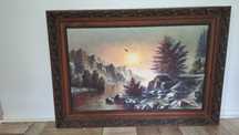 Obraz olejny, pejzaż górski, vintage, duża rama drewniana – 90x63 cm
