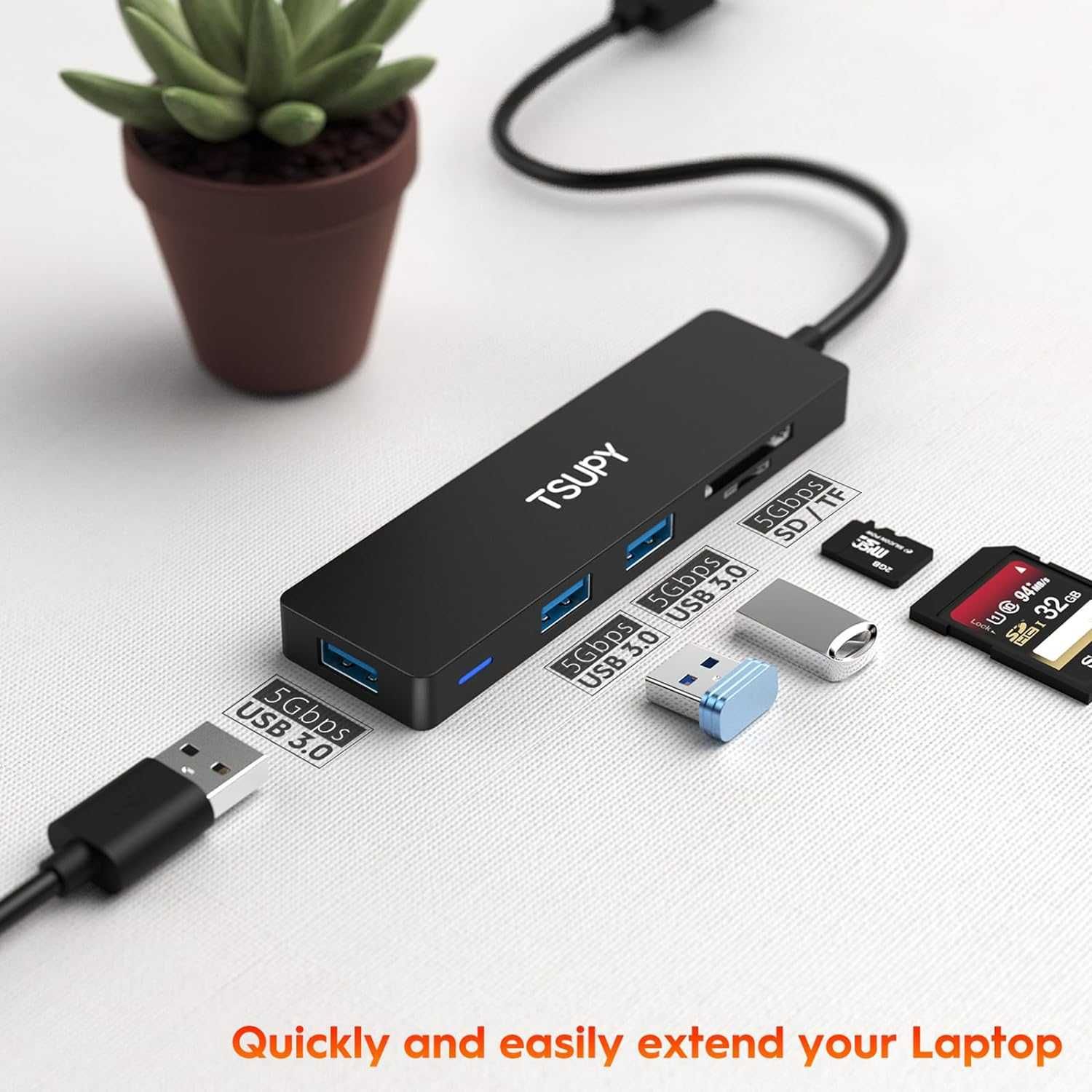 TSUPY 5 w 1 Hub USB 3.0×3 + Czytnik kart Micro SD + Czytnik kart SD