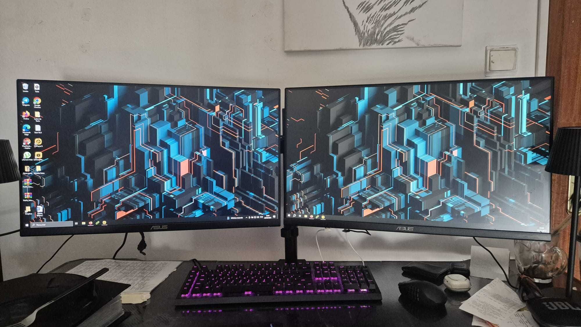 2 Monitores 27" + Suporte mesa para 2 monitores