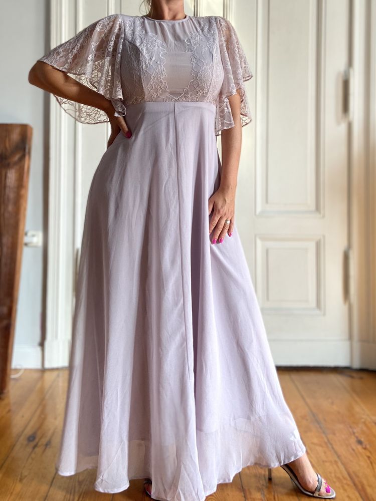 Asos piękna suknia świadkowa druhna liliowa koronka długa wesele nowa