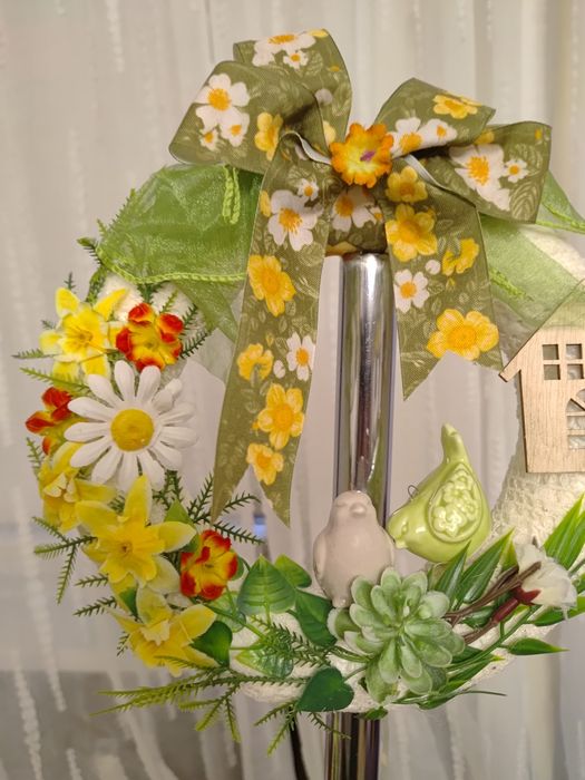 Wianek stroik wiosna lato całoroczny porcelanowe ptaszki 24x24 cm