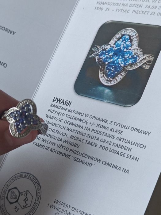 Sprzedam piękny srebny pierścionek z diamentami ta Tanzanitami+sertyf.