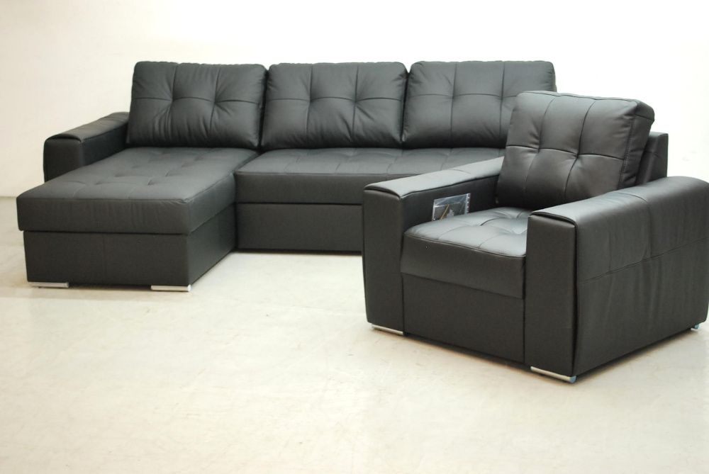 SKÓRA NATURALNA NAROŻNIK spanie pojemni + fotel czarny 6605, salon sof