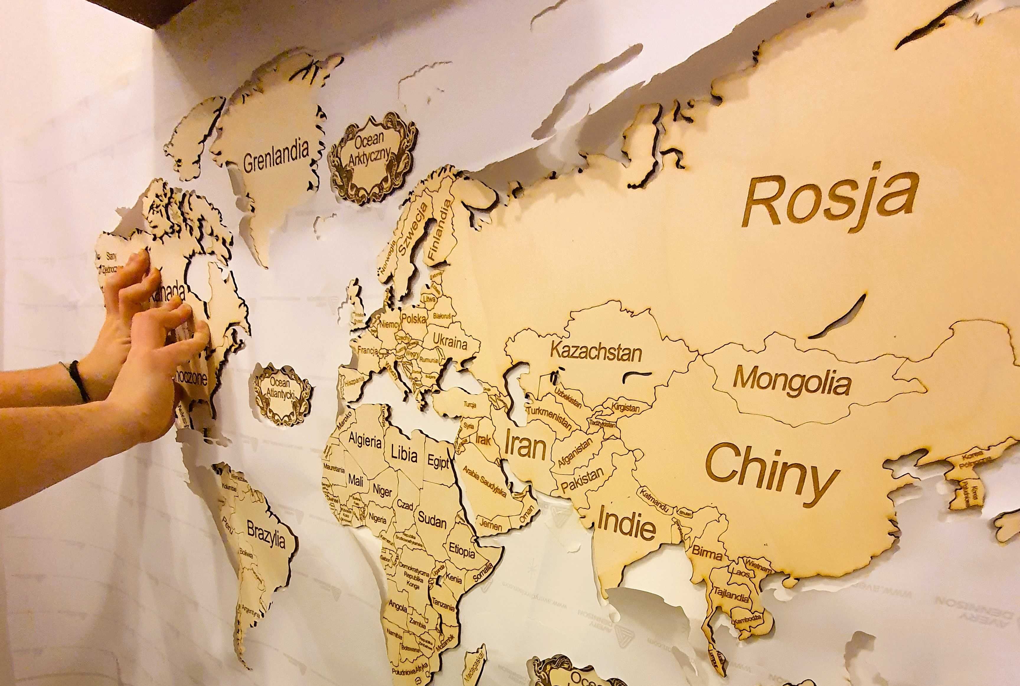 Drewniana Mapa Świata Dekoracja na ścianę 120cm 9 kolorów