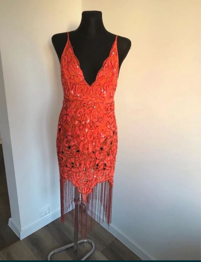 Pomarańczowa cekinowa sukienka frędzle L 40 xl 42 asos