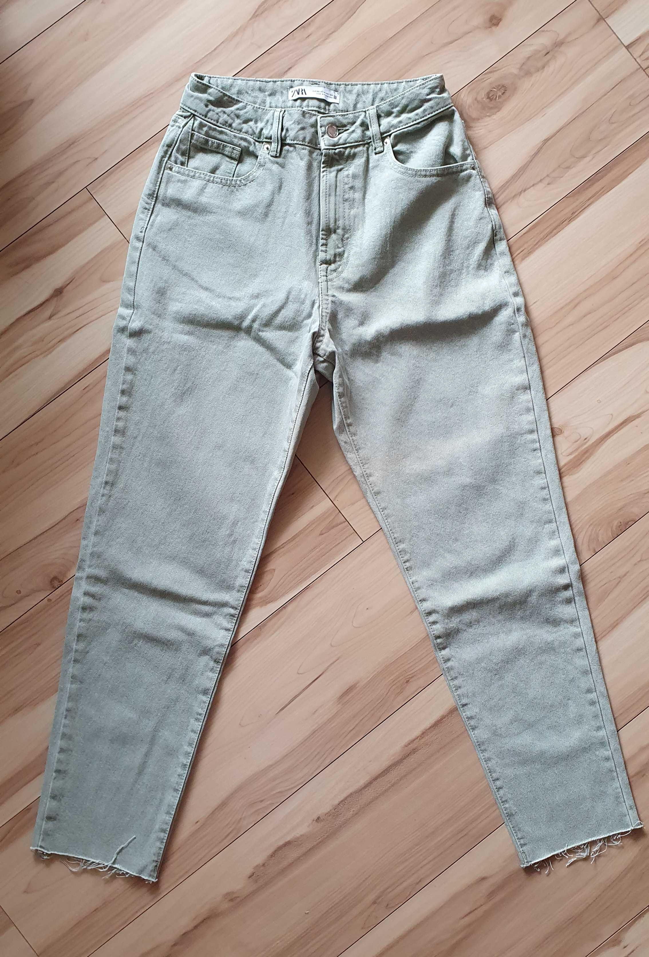 Spodnie jeansy miętowe zielone mom fit boyfriend wysoki stan Zara S 36