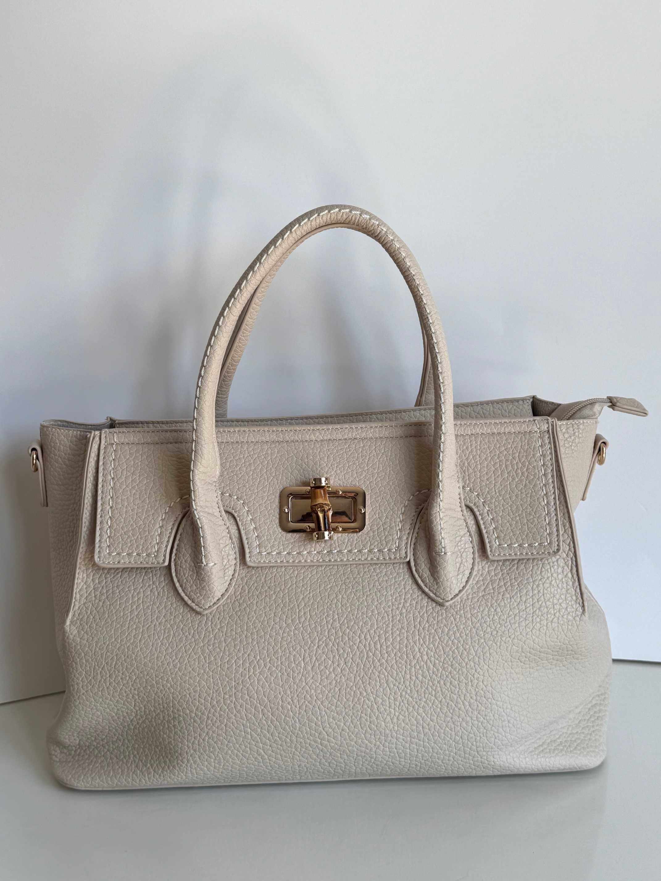 Torebka shopper Bestini Paris ecru duża kremowa pojemna długi pasek