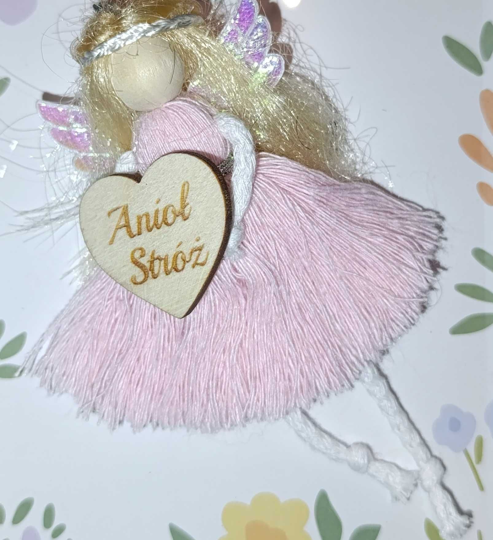 Anioł stróż dzień babci dziadka prezent ramka makrama handmade kwiaty