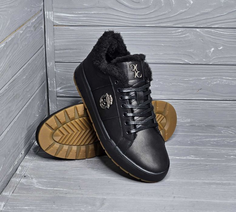 Мужские черные низкие зимние кожаные кеды кроссовки полиуретан подошва