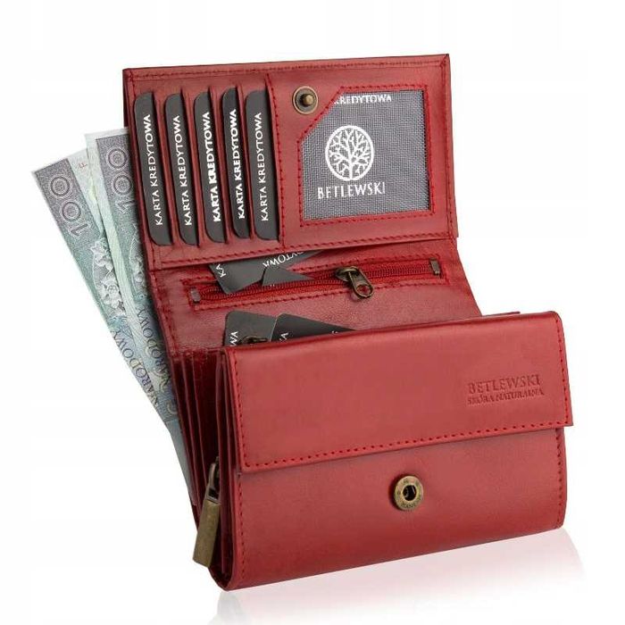 Portfel Damski Skórzany BETLEWSKI Skóra Naturalna Czerwony Na Prezent