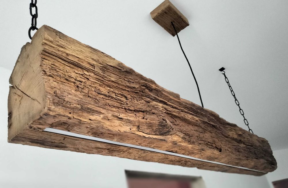 Drewniana wisząca lampa Led, dębowa stara,belka w stylu retro, loft
