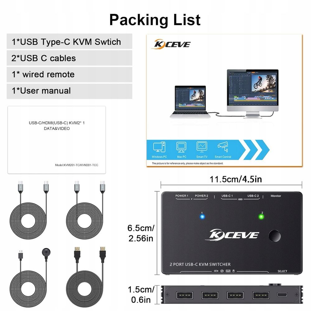 Przełącznik KVM USB-C dla 2 komputerów, KVM typu C KCEVE, obsługa 4K