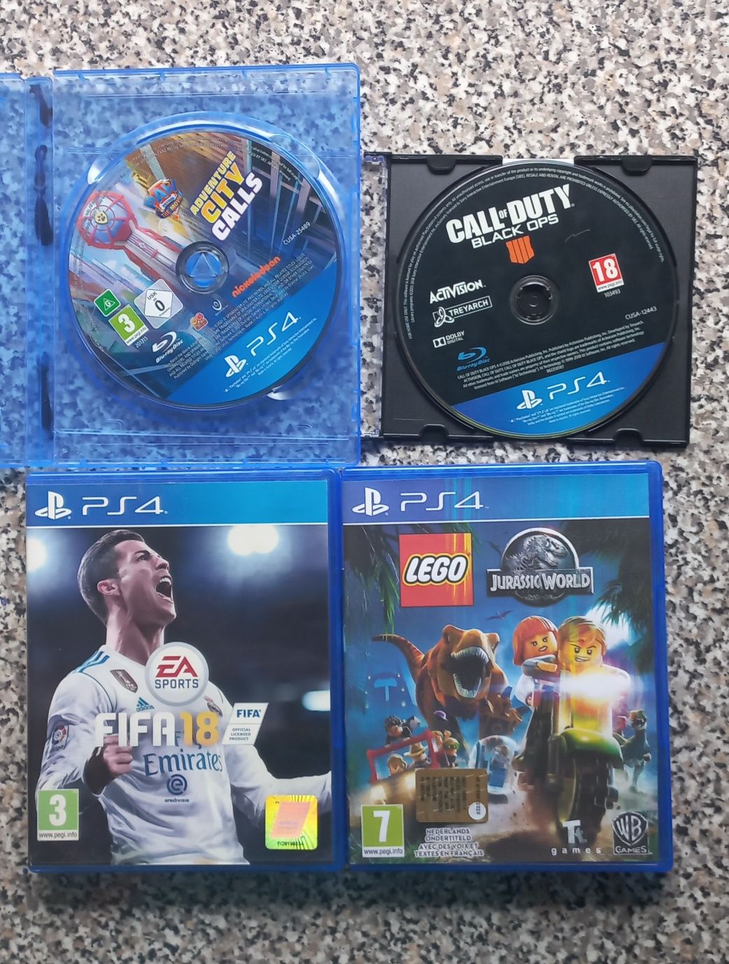 Paw city calls/Lego jurassic world/Call of duty black ops 4/Fifa18 Ps4