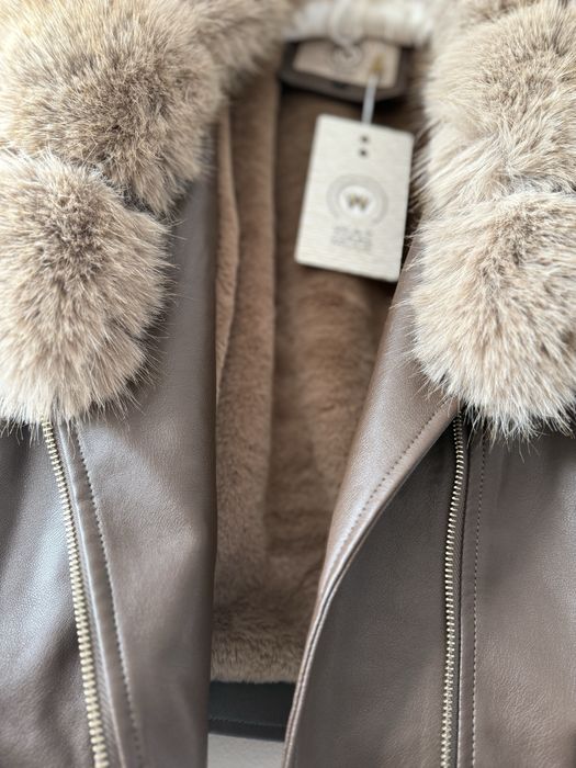 Kurtka nowa zimowa brązowa czekoladowa z futrem, eko skórzana S/M