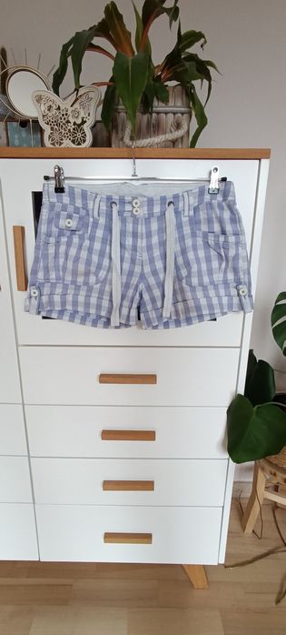 Krótkie spodenki szorty w kratkę fioletowo-białe Crew Clothing rozm. M