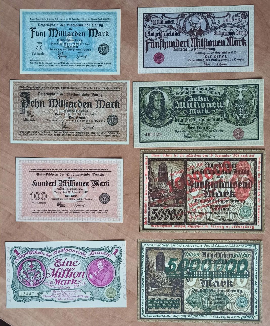 Zestaw kopii banknotów Wolnego Miasta Gdańsk