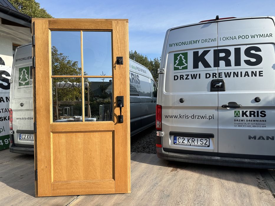 Drzwi zewnętrzne drewniane z klamką Schlage na wymiar Czyste powietrze