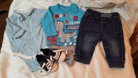 Бодік, джинси, рубашка і пінетки 62р