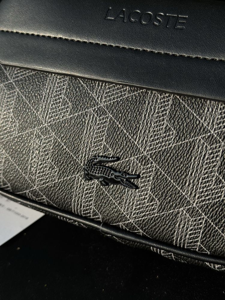 Сумка Lacoste через плечо мужская месенджер Лакост кожаный чорний літо