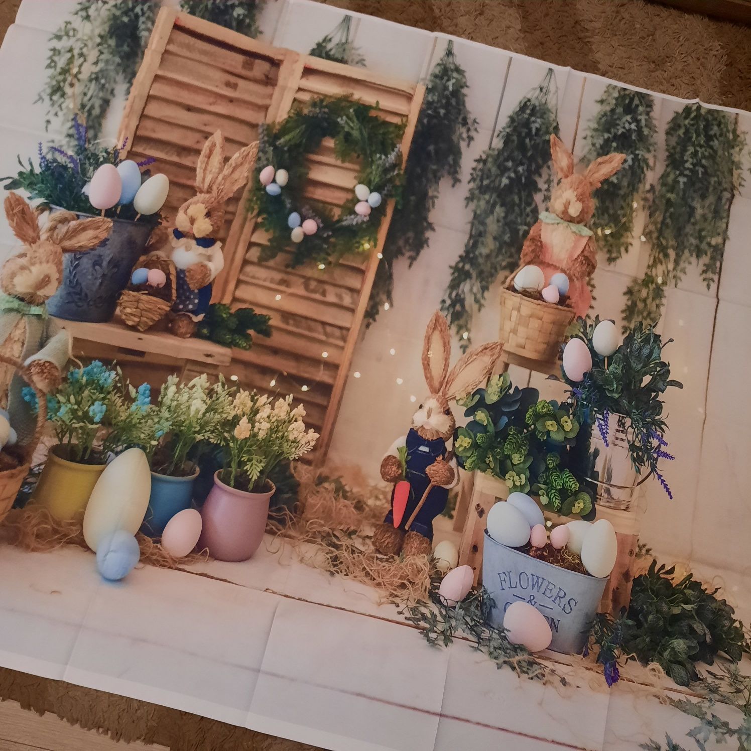 Tło fotograficzne świąteczne wiosna królik kwiaty 125x150
