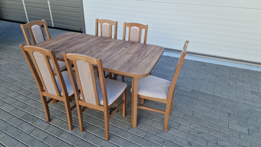 Nowe: Stół 80x140/180 + 6 krzeseł, ORZECH JASNY+LATTE, dostawa PL