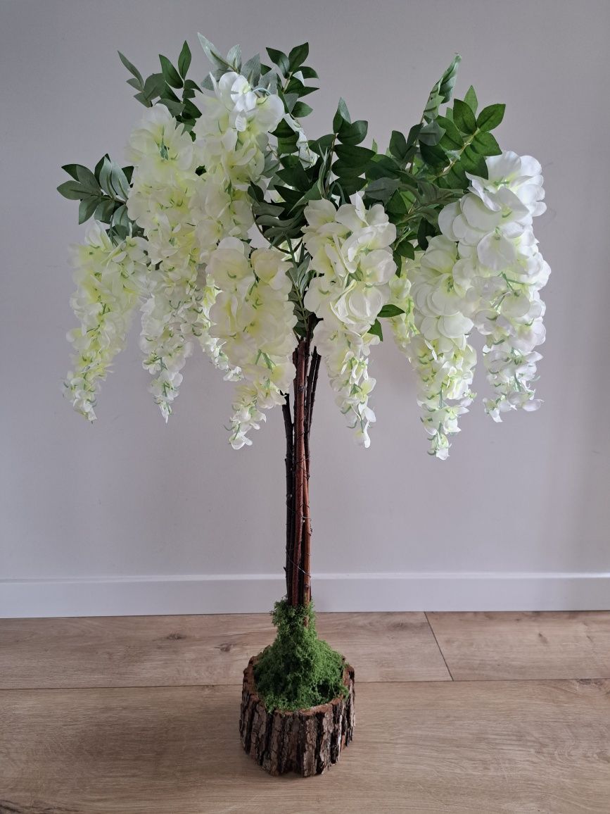 Drzewka kwiatowe wisteria dekoracja na stoły wesele komunia