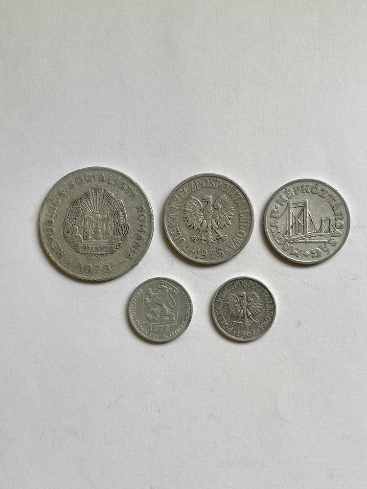 Монеты 5 Лей, 5 Groszy, 10 Грошей, 5 Геллеров, 50 Филлеров