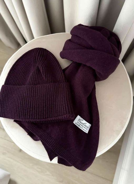 Śliwkowy fioletowy komplet cashmere kaszmirowy czapka i szalik