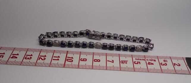 Srebrna bransoletka szafiry i diamenty tenisówka 18,5 cm.