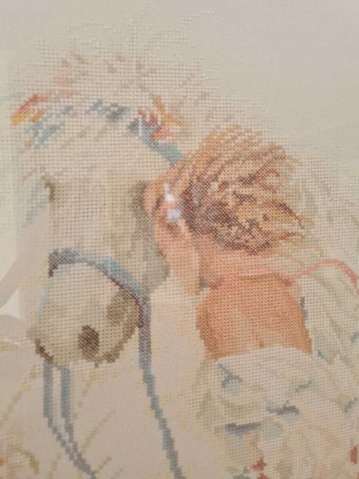 Arte de parede em ponto cruz acabada e emoldurada - Senhora com cavalo