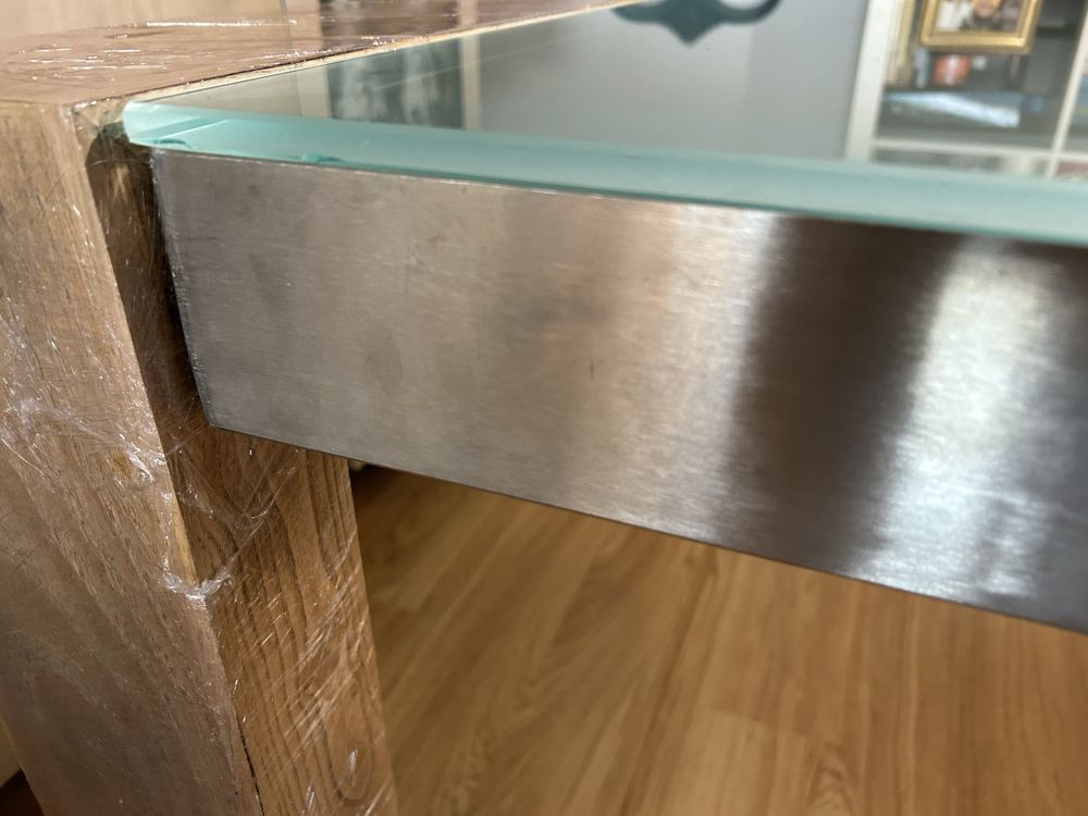 Mesa de jantar em vidro e madeira 221x105