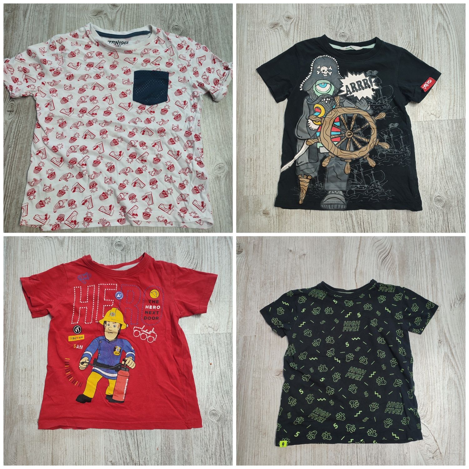 Koszulki 4 szt. 104 110 t-shirt chłopięcy strażak pirat lato wiosna